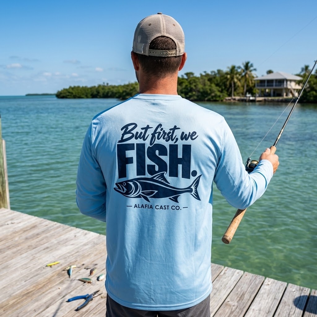 A man stands on a wooden dock facing the water, wearing a light blue long-sleeve shirt with a large navy graphic on the back that reads 'But first, we FISH. ALAFIA CAST CO.
#color_arctic blue