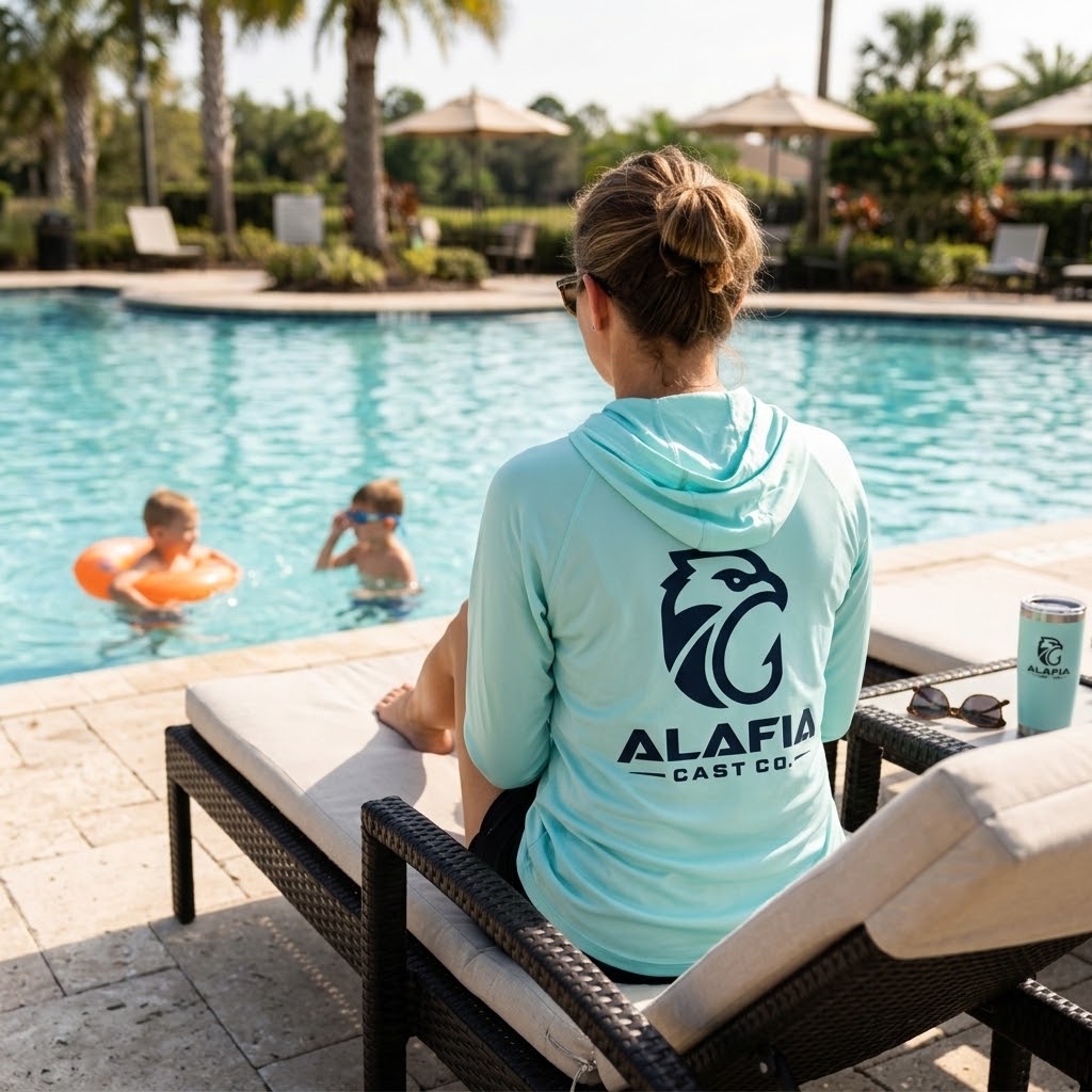A woman sits on a poolside lounge chair facing a swimming pool, wearing a light aqua hooded long-sleeve shirt with a large black ALAFIA CAST CO. logo on the back. #color_arctic blue
