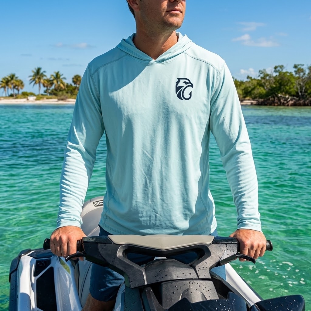 A man wearing a light blue long-sleeve hooded shirt with a black eagle logo on the chest, riding a jet ski on turquoise water with a tropical beach in the background. #color_arctic blue