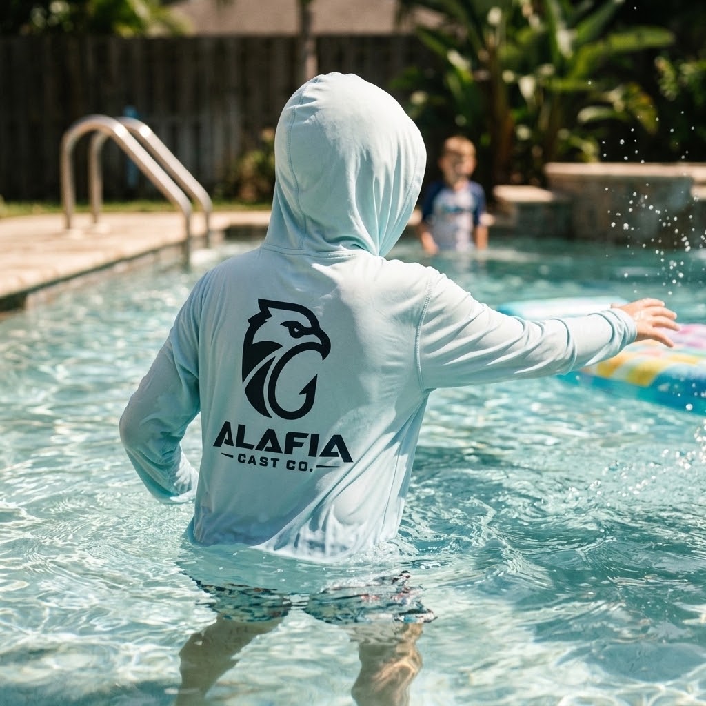 A child wearing a light blue hooded long-sleeve swim shirt stands in a swimming pool, viewed from behind. The back of the shirt features a large black eagle logo and the text 'ALAFIA CAST CO. #color_arctic blue