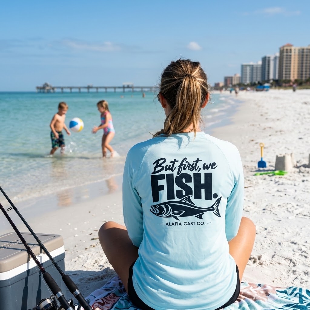 A woman sitting on a beach towel on a sandy beach, viewed from behind, wearing a light blue long-sleeve t-shirt with a black graphic print that reads 'But first, we FISH. ALAFIA CAST CO.

#color_arctic blue