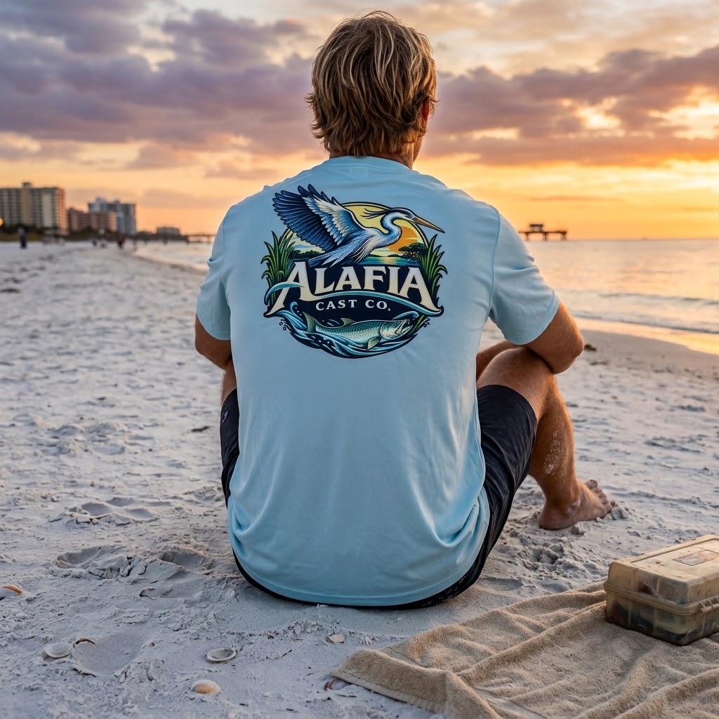 A man sits on a sandy beach at sunset wearing a light blue t-shirt with a large graphic on the back featuring a bird, fish, and the text 'ALAFIA CAST CO'. #color_arctic blue
