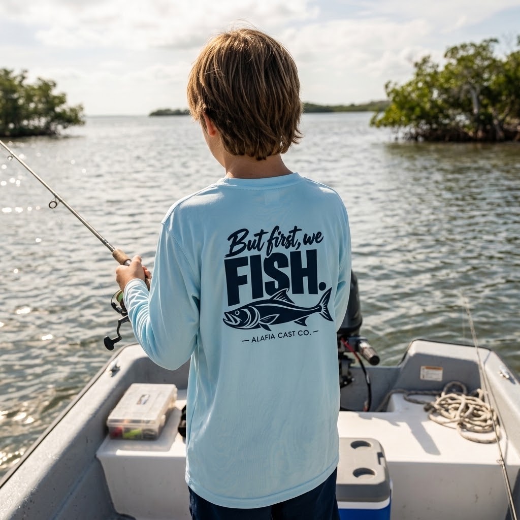 A boy stands on a boat facing the water, wearing a light blue long-sleeve shirt with a large back graphic that reads 'But first, we FISH' and '— ALAFIA CAST CO —' above a fish illustration. Real outdoor water and mangrove trees are visible in the background. #color_arctic blue