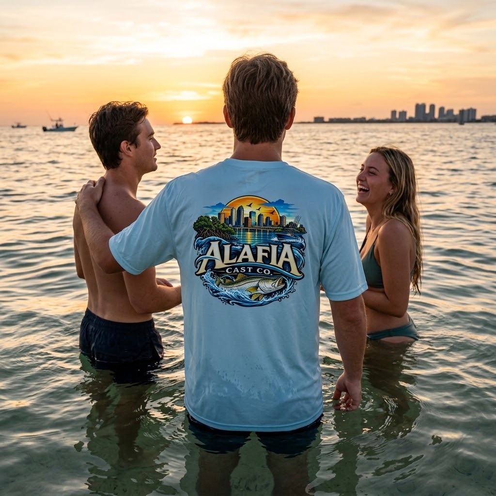 Three people standing in ocean water at sunset, with the central person wearing a light blue short-sleeve graphic T-shirt that reads "Alafia Coast Co" and shows a colorful coastal city and wave design on the back.  #color_arctic blue