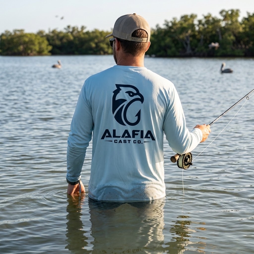 Man fishing in shallow water wearing a light blue Alafia Cast Co. long-sleeve shirt. #color_arctic blue