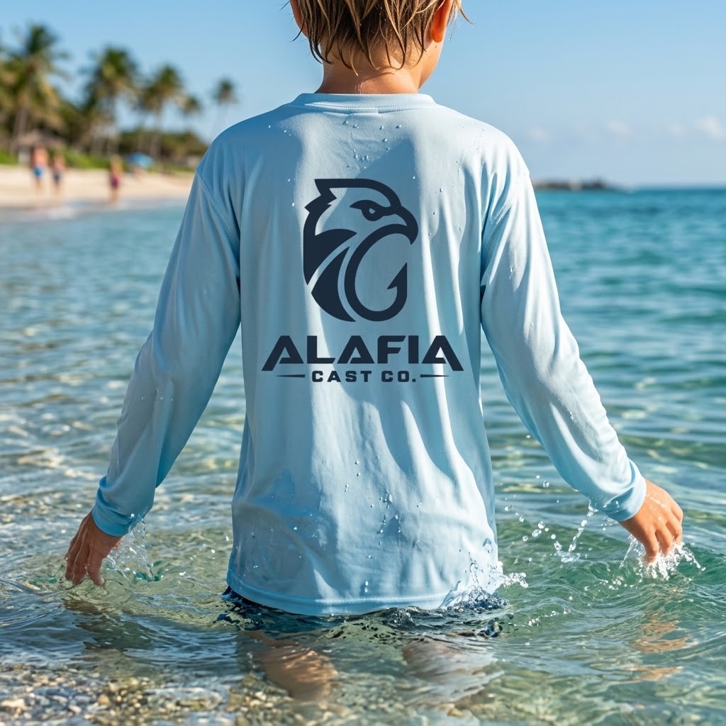 A child standing in shallow ocean water, viewed from behind, wearing a light blue long-sleeve rash guard with a large black eagle head logo and the text 'ALAFIA CAST CO.' printed on the back. #color_arctic blue