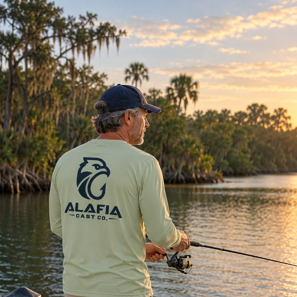 Man fishing beside a Florida river in a sage Alafia Cast Co. long sleeve shirt.