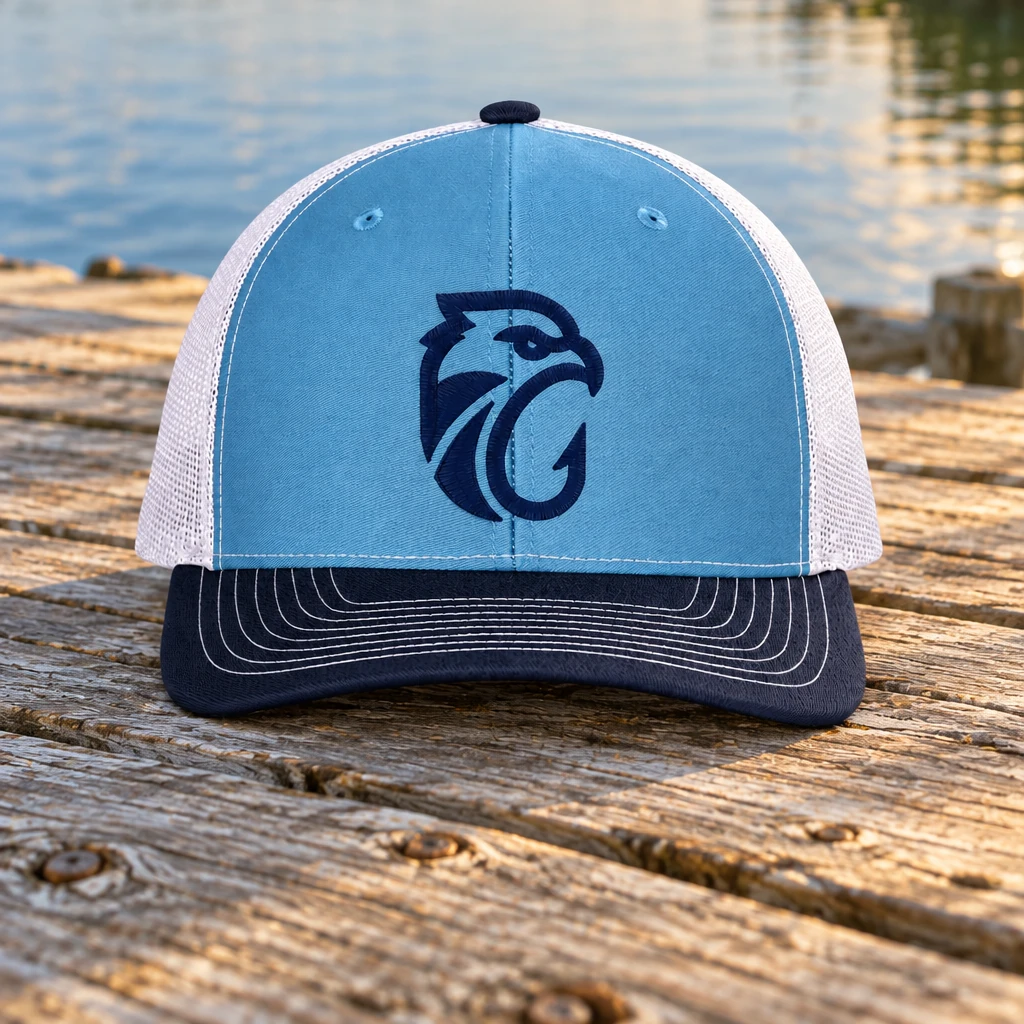 Alafia Cast Co. osprey trucker hat on a weathered dock beside calm Florida water.