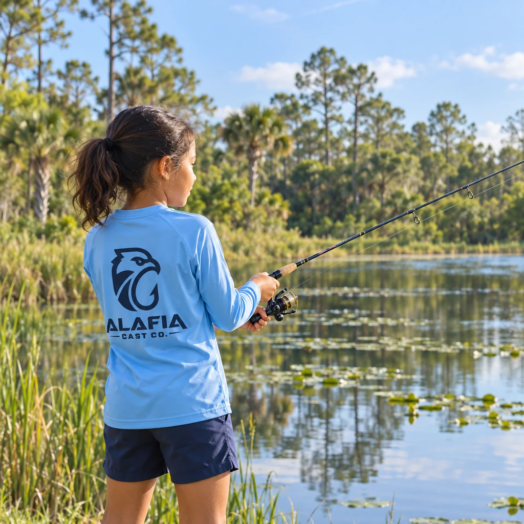 Girl fishing beside a Florida pond in a blue Alafia Cast Co. youth long sleeve shirt.