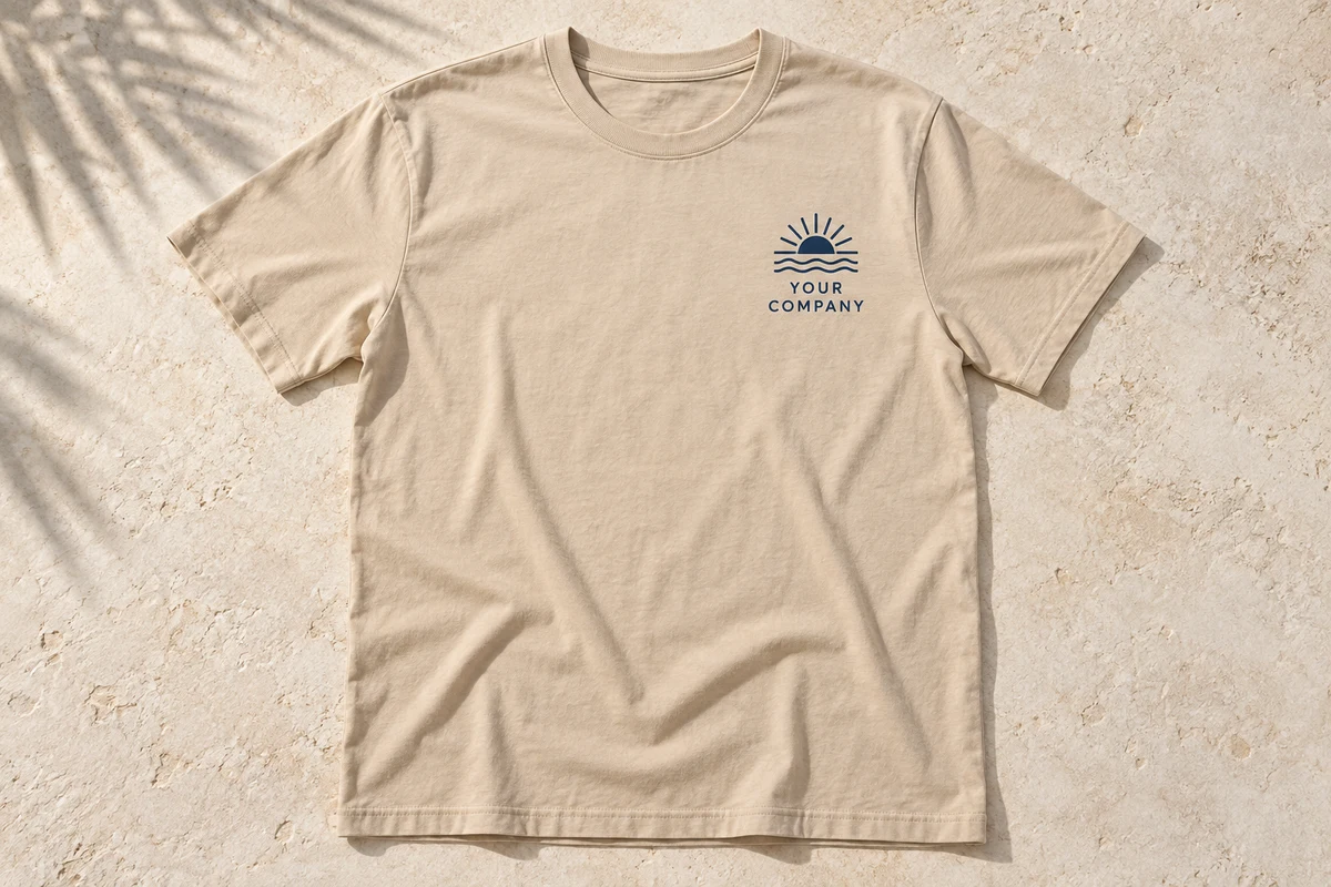 Illustrative mockup of a sand-colored T-shirt with a sample Your Company chest logo.