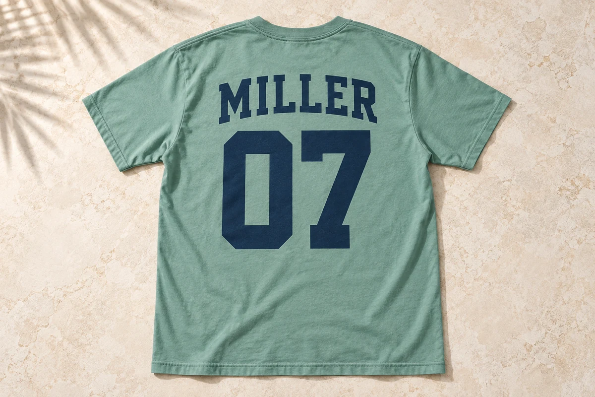 Illustrative mockup of a sea-green T-shirt with the sample name Miller and number 07 on the back.