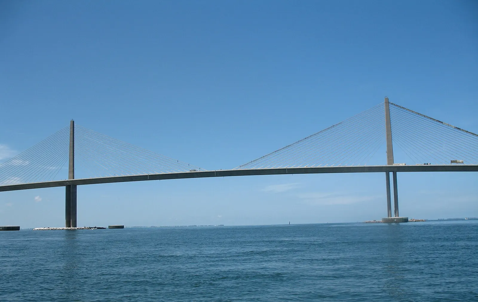 The Sunshine Skyway Bridge seen from the water on Tampa Bay
